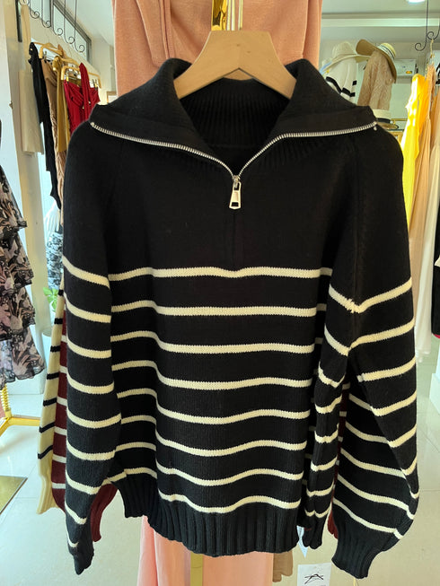Heavy Knitted Collar Zip Stripes Pullover